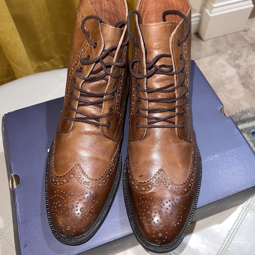 Stafford Deacon Wingtip Boots Mens 11 Cognac Brown Leather Brogue Lace Up Dress